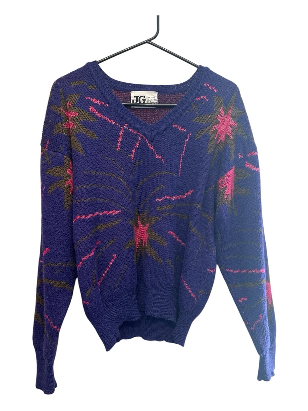 Vintage 80s/90s JG Navy V-Neck Sweater with Pink & Brown Floral Motif Petite S/M